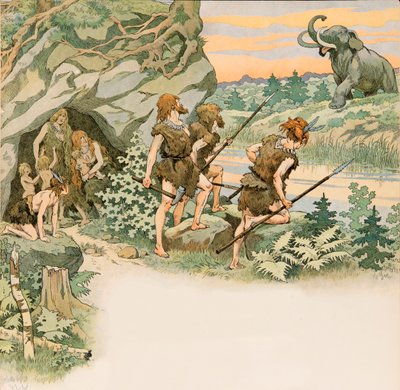 Während der Vorgeschichte schützen Höhlenmenschen ihre Familien vor einem Mammutangriff von pseudonym for Onfray de Breville Jacques Job