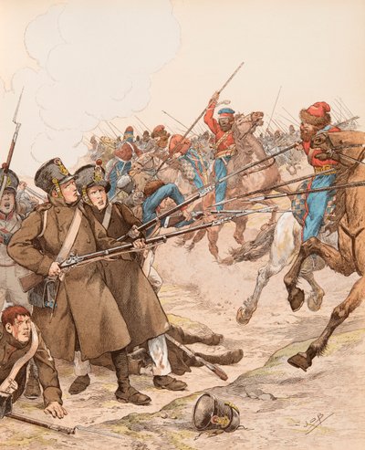 Französische Militärs während der Napoleonischen Feldzüge, genannt Marie Louise, 1815 im Kampf gegen die Kosaken, Privatsammlung von pseudonym for Onfray de Breville Jacques Job