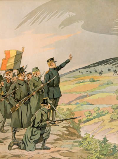 Geschichte Belgiens: König Albert (1875-1934) und die belgische Armee stellen sich der deutschen Invasion während des Ersten Weltkriegs von pseudonym for Onfray de Breville Jacques Job