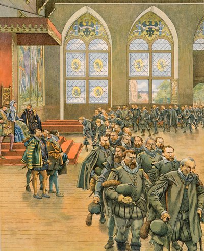 Die Gueux präsentieren ihre respektvollen Beschwerden an Marguerite de Parma (1522-1586), Gouverneurin der Niederlande unter Philipp II (1527-1598), 1566 von pseudonym for Onfray de Breville Jacques Job
