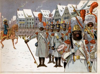 Joachim Murat (1767-1815) übernahm das Kommando der Armee, nachdem der Kaiser Russland verlassen hatte. In seinem Hauptquartier in Königsberg überprüft er eine Kompanie von Schwarzen. Gravur von Jacques Marie Gaston Onfray de Breville, genannt Job (1858-19 von pseudonym for Onfray de Breville Jacques Job