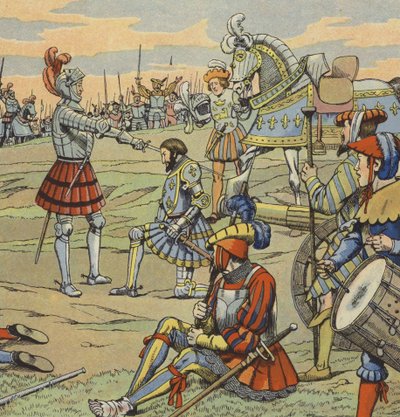 König Franz I. von Frankreich erhält seine Ritterschaft vom Chevalier de Bayard nach der Schlacht von Marignano von pseudonym for Onfray de Breville Jacques Job