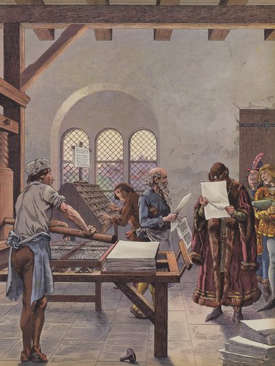 König Ludwig XI. liest ein auf einer Presse gedrucktes Dokument von pseudonym for Onfray de Breville Jacques Job