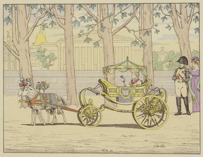 Herrscher der Welt, er ist der glücklichste Vater. Napoleon beobachtet den König von Italien, wie er seine ersten Schritte in einem von Ziegen gezogenen Wagen macht von pseudonym for Onfray de Breville Jacques Job