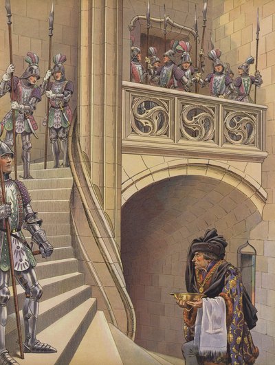 Der Barbier stieg die Treppe zum Gemach des Königs hinauf, vorbei an den zahlreichen bewaffneten Wachen von pseudonym for Onfray de Breville Jacques Job