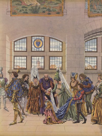 Die dreijährige Margarete von Österreich wird dem Dauphin Charles, Sohn von König Ludwig XI. von Frankreich, als zukünftige Braut vorgestellt von pseudonym for Onfray de Breville Jacques Job