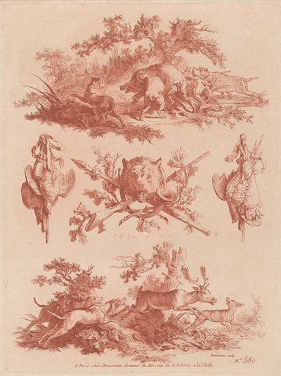 Jagdtrophäen und Vignetten mit Hunden, die einen Eber und einen Hirsch jagen von the Elder and Jean Baptiste Hüet Gilles Demarteau