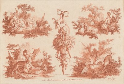 Zwei pastorale Vignetten, zwei Jagdvignetten und eine Trophäe von the Elder and Jean Baptiste Hüet Gilles Demarteau