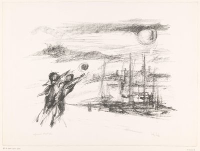 Menschen an einem Kai mit Schiffen von unknown (signed by artist)