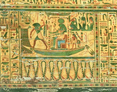 Die Reise des Sonnengottes Re, Detail aus dem inneren Sarg von Nespawershefyt, Ägyptisch, Dritte Zwischenzeit, 990-969 v. Chr. (Verputztes und bemaltes Holz) (siehe auch 76535) von Egyptian 21st Dynasty