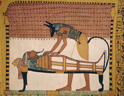 Anubis besucht Sennedjems Mumie, aus dem Grab von Sennedjem, Das Arbeiterdorf, Neues Königreich (Wandbild) (siehe auch 67892) von Egyptian 19th Dynasty