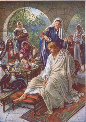 Maria salbt Jesus, Illustration aus Bildern, die die Krone Serie lehren, 1920 von Harold Copping