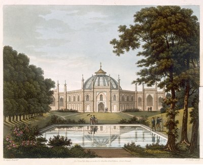 Brighton-Pavillon: Vorgeschlagene Ansicht des Gartens mit einem Teil des Brighton-Pavillons im Hintergrund, graviert von JC Stadler, c.1816 von Humphry Repton