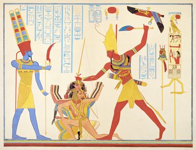 Der Gott Amun bietet dem Pharao Ramesses III eine Sichelwaffe an, während er zwei gefangene Feinde, 1835-45, schlägt von Jean Francois Champollion