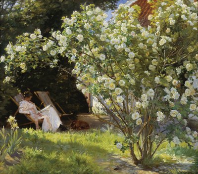 Marie Kroyer sitzt im Liegestuhl im Garten von Frau Bendsens Haus von Peder Severin Krøyer