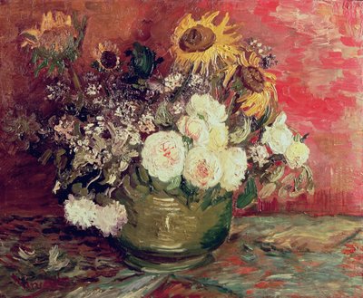 Sonnenblumen, Rosen und andere Blumen in einer Schale, 1886 von Vincent van Gogh