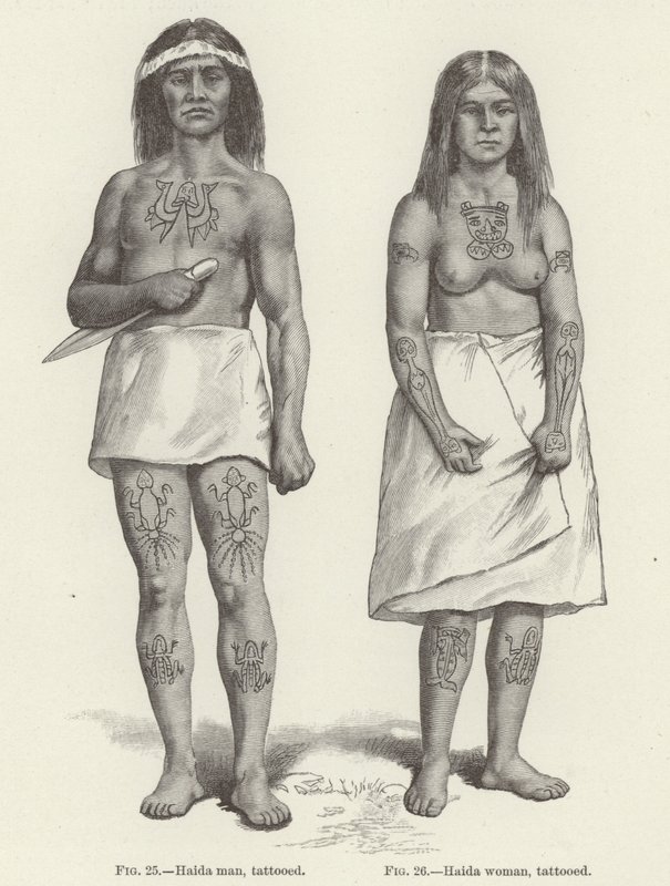 Tätowierte Haida-Frau und -Mann (Gravur) von (after) American School