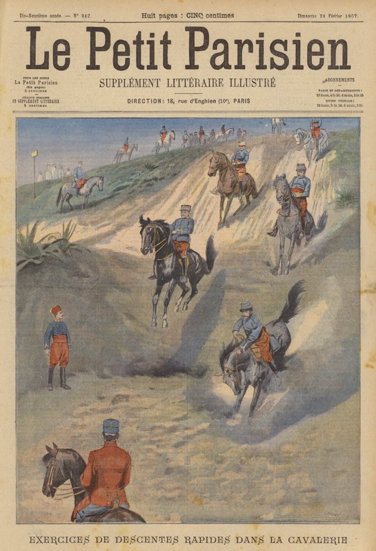 Französische Kavallerie übt schnelle steile Abstiege zu Pferd (Farblithografie) von (after) Carrey