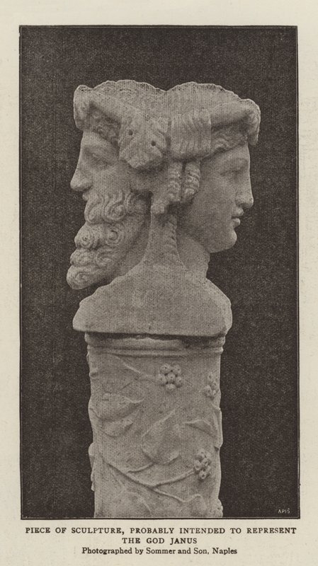 Skulpturstück, wahrscheinlich zur Darstellung des Gottes Janus (s/w Foto) von (after) English photographer