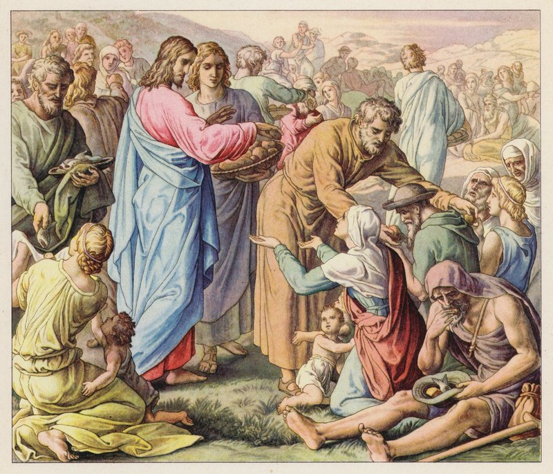 Wunder der Speisung der Fünftausend (Farblithografie) von (after) German School