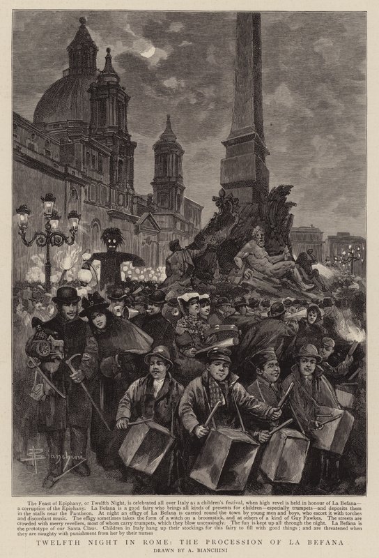 Zwölfte Nacht in Rom, die Prozession von La Befana (Gravur) von (after) Italian School