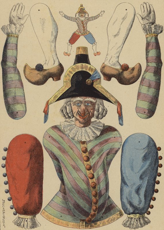 Teile zum Ausschneiden für eine Pulcinella-Puppe von French School