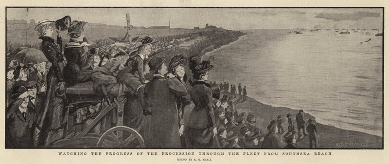 Beobachtung des Fortschritts der Prozession durch die Flotte vom Southsea Beach aus von A. G. Small