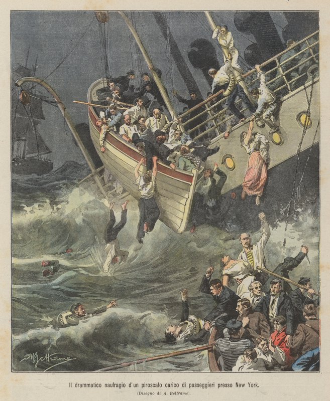 Das dramatische Schiffsunglück eines Passagierdampfers bei New York von Achille Beltrame