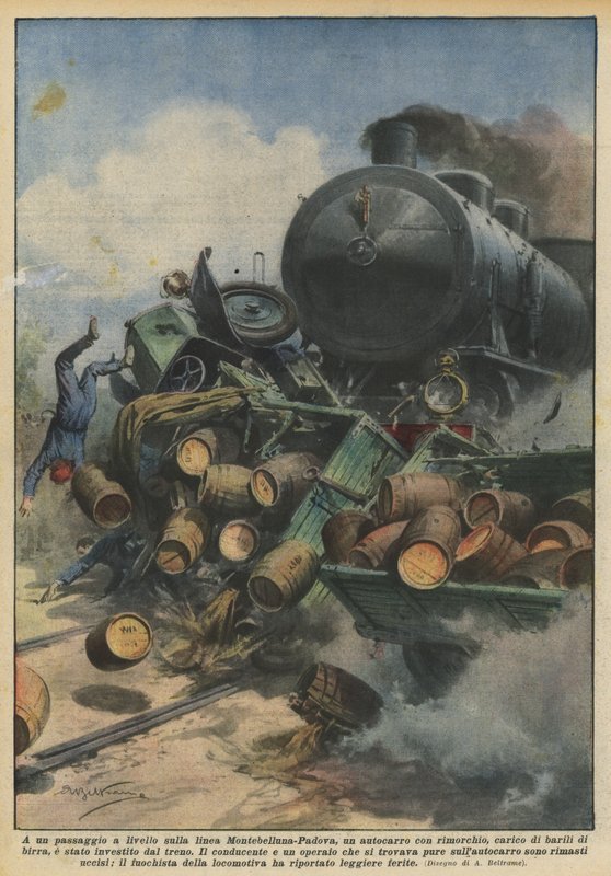 An einem Bahnübergang auf der Linie Montebelluna-Padua ein Lastwagen mit Anhänger von Achille Beltrame
