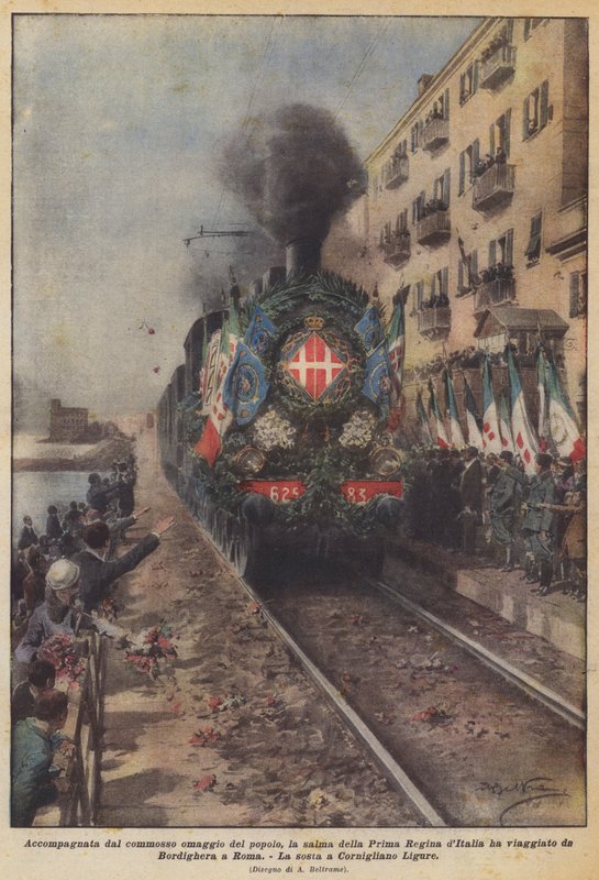 Begleitet von der bewegten Huldigung des Volkes reiste der Leichnam der ersten Königin Italiens von Achille Beltrame