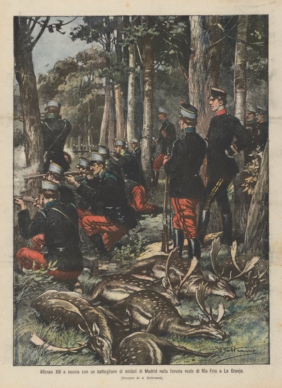 Alfons XIII. auf der Jagd mit einem Bataillon Soldaten aus Madrid im königlichen Wald von Rio Frio in La Granja von Achille Beltrame