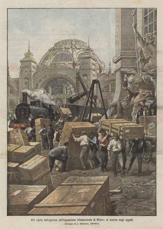 Am Vorabend der Eröffnung der internationalen Ausstellung in Mailand, das Entladen der Gegenstände von Achille Beltrame