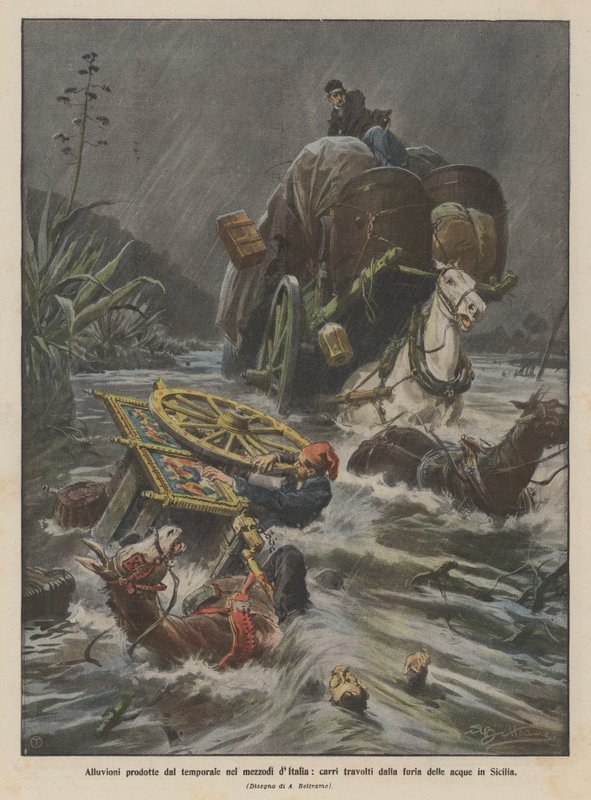 Überschwemmungen durch das Gewitter im Süden Italiens, Wagen von den Fluten in Sizilien mitgerissen von Achille Beltrame