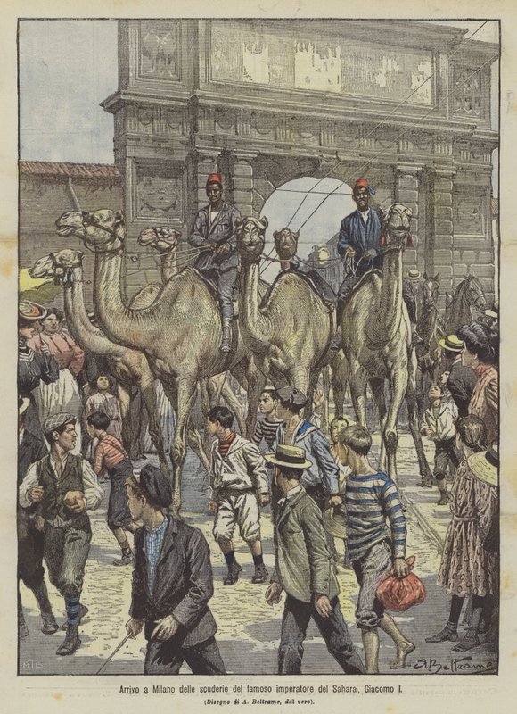 Ankunft der Ställe des berühmten Kaisers der Sahara, Giacomo I., in Mailand von Achille Beltrame