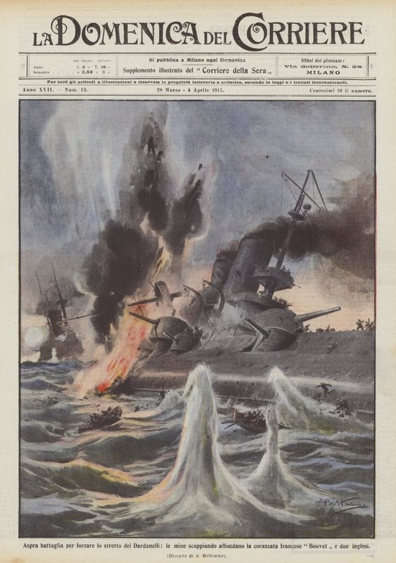 Heftige Schlacht um die Dardanellen, Minen versenken das Schlachtschiff von Achille Beltrame