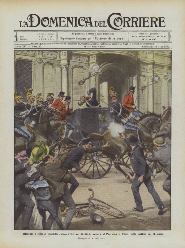 Attentat mit Revolverschüssen auf die Monarchen auf dem Weg zum Pantheon in Rom am Morgen des 14. März von Achille Beltrame