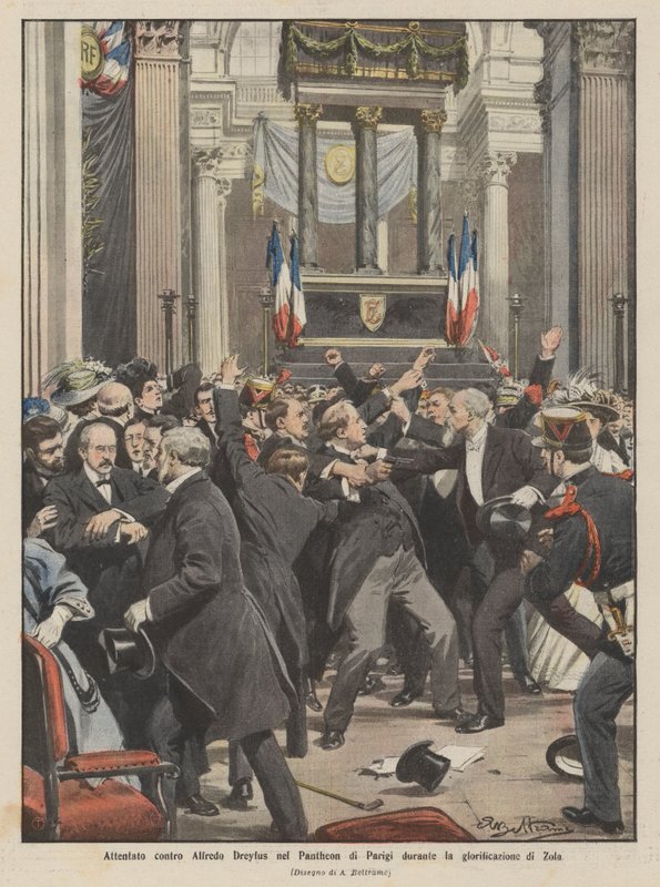 Attentat auf Alfred Dreyfus im Pantheon von Paris während der Verherrlichung von Zola von Achille Beltrame
