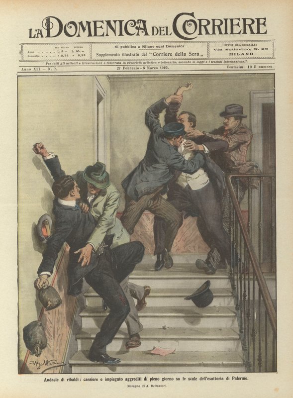 Kühnheit von Schurken, Kassierer und Angestellter am helllichten Tag auf der Treppe des Steueramtes in Palermo angegriffen von Achille Beltrame