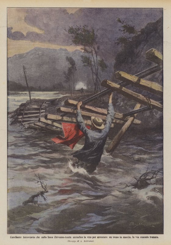 Eisenbahnwärter, der auf der Strecke Chivasso-Aosta sein Leben riskiert, um einen Zug zu stoppen von Achille Beltrame