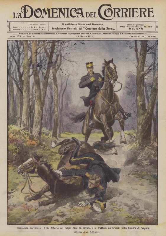 Unglücklicher Ritt, König Albert von Belgien stürzt vom Pferd und bricht sich den Arm im Wald von Soignes von Achille Beltrame