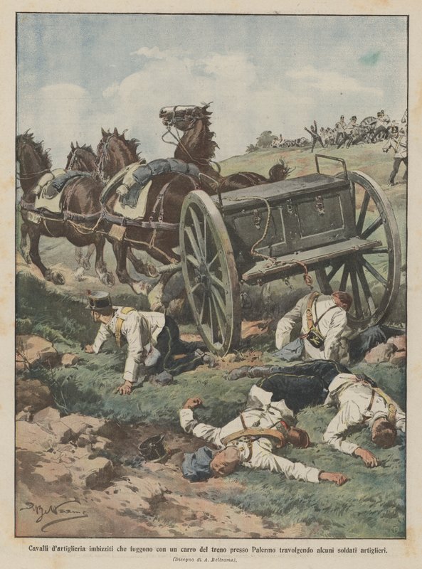 Durchgehende Artilleriepferde fliehen mit einem Zugwagen bei Palermo und überrennen von Achille Beltrame
