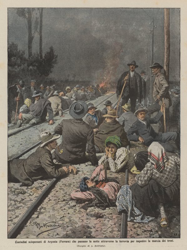 Streikende Bauern von Argenta (Ferrara) verbringen die Nacht auf der Eisenbahnstrecke von Achille Beltrame