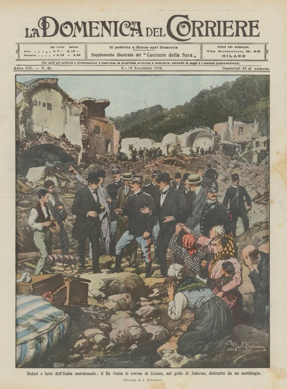 Schmerzen und Trauer Süditaliens, der König besucht die Ruinen von Cetara im Golf von Salerno von Achille Beltrame