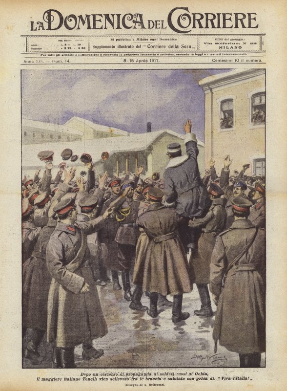 Nach einer Propagandarede an die russischen Soldaten von Ochta, der italienische Major Tonelli... von Achille Beltrame