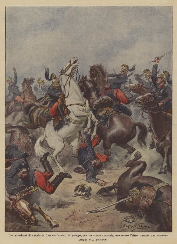 Zwei französische Kavalleriegeschwader im Galopp, aufgrund eines Fehlbefehls von Achille Beltrame