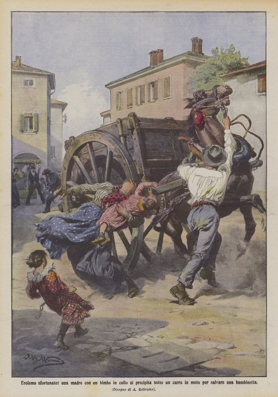 Unglückliches Heldentum, eine Mutter mit einem Kind auf dem Arm stürzt sich unter einen fahrenden Wagen, um ein kleines Mädchen zu retten von Achille Beltrame