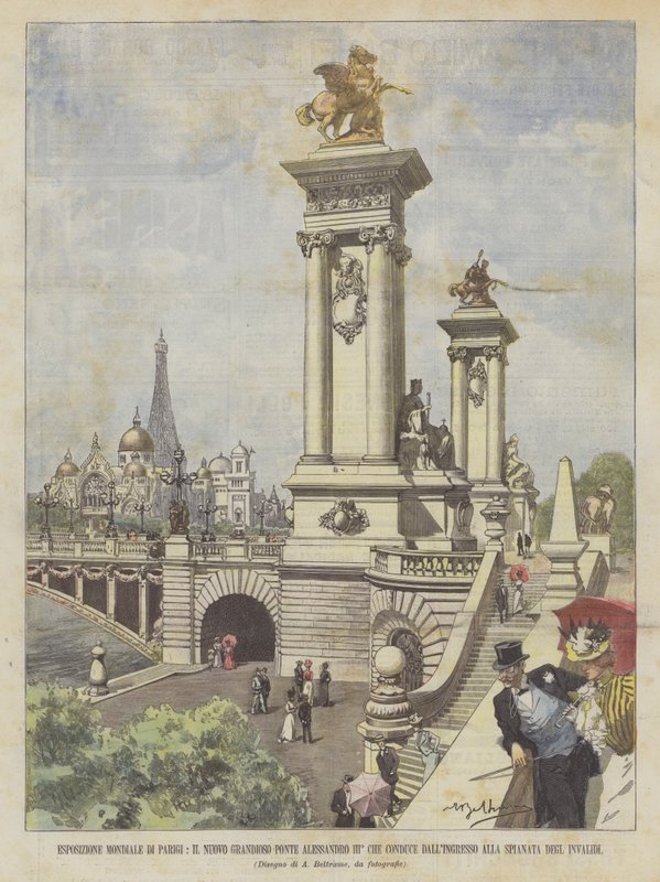 Weltausstellung in Paris, die neue grandiose Brücke Alexander III., die vom Eingang... von Achille Beltrame
