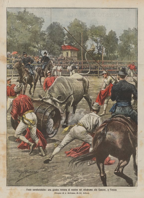 Charakteristische Feste, ein römisches Stierkampfturnier im Velodrom der Cascine in Florenz von Achille Beltrame