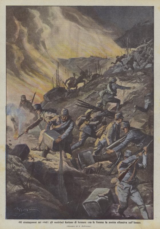 Die Tricks der Besiegten, die Österreicher versuchen, unsere Offensive am Isonzo mit Flammen zu stoppen von Achille Beltrame