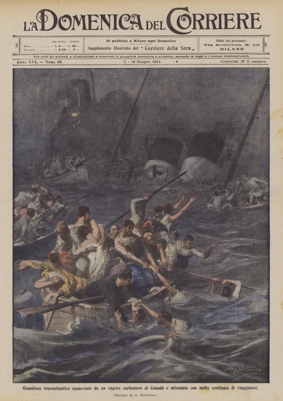 Großes Transatlantikschiff, das von einem Kohledampfer in Kanada gerammt und mit vielen Menschen an Bord gesunken ist von Achille Beltrame